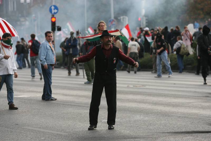 Protester with arms spread, Hungarian flags and tear gas smoke behind him